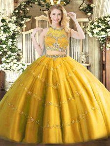 Gold Two Pieces Beading Sweet 16 Quinceanera Dress Zipper Tulle Sleeveless Floor Length