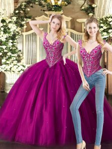 Floor Length Fuchsia Sweet 16 Dress Tulle Sleeveless Beading