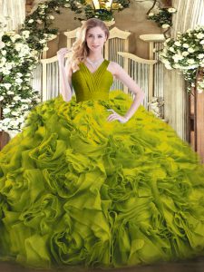Customized Olive Green Sleeveless Ruffles Floor Length 15th Birthday Dress