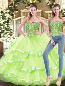 Charming Yellow Green Sleeveless Organza Lace Up Quinceanera Dresses for Military Ball and Sweet 16 and Quinceanera
