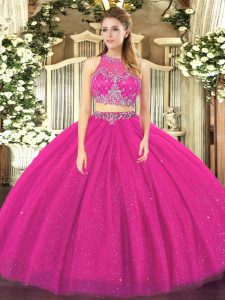 Fitting Fuchsia Sleeveless Beading Floor Length Ball Gown Prom Dress
