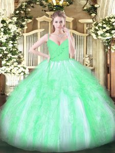 Beauteous Apple Green Organza Zipper Spaghetti Straps Sleeveless Floor Length Sweet 16 Dress Ruffles