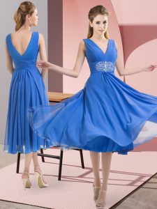 Knee Length Baby Blue Dama Dress for Quinceanera Chiffon Sleeveless Beading