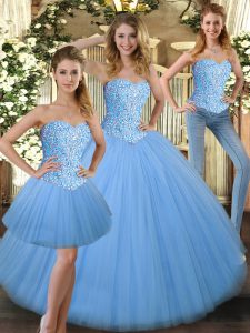 Glorious Baby Blue Ball Gown Prom Dress Military Ball and Sweet 16 and Quinceanera with Beading Sweetheart Sleeveless Lace Up