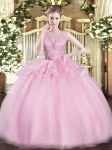 Fabulous Baby Pink Sleeveless Floor Length Lace Backless Quince Ball Gowns