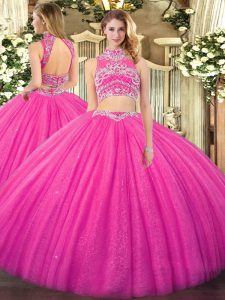 Pretty Tulle High-neck Sleeveless Backless Beading Vestidos de Quinceanera in Hot Pink