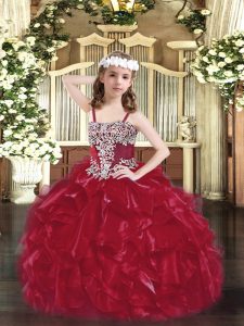 Enchanting Wine Red Little Girl Pageant Gowns Party and Quinceanera with Appliques and Ruffles Straps Sleeveless Lace Up