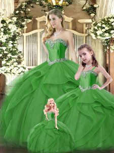 Green Ball Gowns Organza Sweetheart Sleeveless Ruffles Floor Length Lace Up Quinceanera Dresses