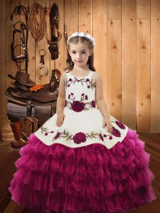High End Organza Sleeveless Floor Length Pageant Gowns For Girls and Embroidery and Ruffled Layers