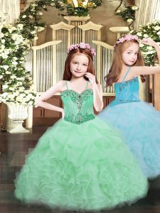 Organza Spaghetti Straps Sleeveless Lace Up Beading and Ruffles and Pick Ups Pageant Dress Toddler in Apple Green