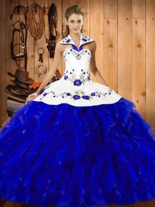 Custom Designed Blue And White Ball Gowns Satin and Organza Halter Top Sleeveless Embroidery and Ruffles Floor Length Lace Up Quinceanera Dress