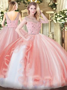 Adorable Peach Ball Gowns Beading and Ruffles 15 Quinceanera Dress Zipper Tulle Sleeveless Floor Length