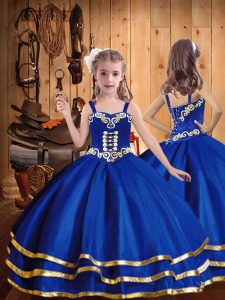 Dazzling Royal Blue Straps Neckline Embroidery and Ruffled Layers Little Girls Pageant Dress Wholesale Sleeveless Lace Up