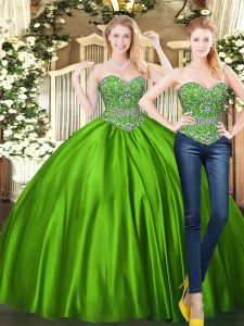 Floor Length Lace Up Sweet 16 Dress Green for Military Ball and Sweet 16 and Quinceanera with Beading