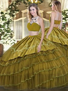 Olive Green Tulle Backless Quinceanera Dress Sleeveless Floor Length Beading and Embroidery and Ruffled Layers