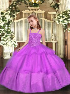 Popular Lilac Straps Lace Up Beading and Ruffled Layers Pageant Gowns For Girls Sleeveless