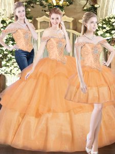 Ball Gowns Ball Gown Prom Dress Orange Red Off The Shoulder Organza Sleeveless Floor Length Lace Up