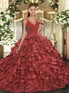 Captivating Red Ball Gowns Taffeta V-neck Sleeveless Beading and Ruffles Floor Length Backless Vestidos de Quinceanera