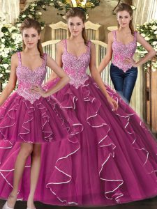 Floor Length Fuchsia Ball Gown Prom Dress Tulle Sleeveless Beading and Ruffles