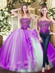 High End Eggplant Purple Ball Gowns Beading and Ruffles 15 Quinceanera Dress Lace Up Tulle Sleeveless Floor Length