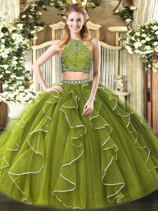 Fantastic Olive Green Ball Gowns High-neck Sleeveless Tulle Floor Length Zipper Beading and Ruffles Quinceanera Dress