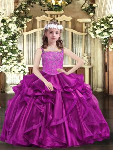 Classical Fuchsia Organza Lace Up Pageant Dress for Girls Sleeveless Floor Length Beading and Ruffles