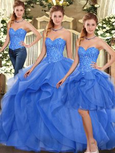 Designer Ruffles Sweet 16 Dress Blue Lace Up Sleeveless Floor Length