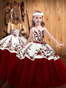 Red Sleeveless Floor Length Embroidery Lace Up Pageant Gowns For Girls