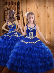 Floor Length Lace Up Little Girls Pageant Dress Wholesale Royal Blue for Party and Sweet 16 and Quinceanera with Embroidery and Ruffled Layers
