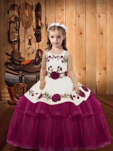 Fuchsia Sleeveless Floor Length Embroidery and Ruffled Layers Lace Up Kids Formal Wear