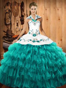 Halter Top Sleeveless Lace Up 15 Quinceanera Dress Turquoise Organza