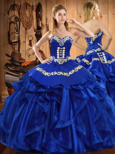 Fancy Sleeveless Satin and Organza Floor Length Lace Up Quince Ball Gowns in Royal Blue with Embroidery and Ruffles