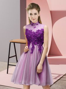 Unique Lilac Quinceanera Court Dresses Prom and Party and Wedding Party with Appliques High-neck Sleeveless Lace Up