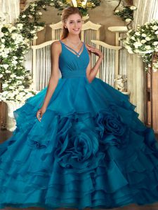 Adorable Floor Length Blue Sweet 16 Dress Fabric With Rolling Flowers Sleeveless Ruffles