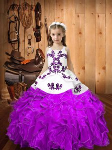 Floor Length Lace Up Pageant Dress Toddler Eggplant Purple for Sweet 16 and Quinceanera with Embroidery and Ruffles