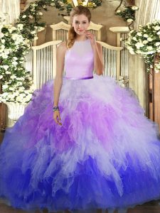 Multi-color Ball Gowns Tulle High-neck Sleeveless Ruffles Floor Length Backless Sweet 16 Dresses