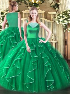 Lovely Sleeveless Floor Length Beading and Ruffles Side Zipper Quince Ball Gowns with Turquoise