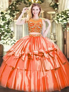 Affordable Orange Red Two Pieces Tulle Scoop Sleeveless Beading and Ruffled Layers Floor Length Zipper Vestidos de Quinceanera