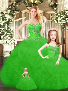 Green Ball Gowns Beading and Ruffles Quince Ball Gowns Lace Up Tulle Sleeveless Floor Length