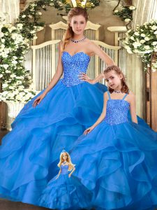 Custom Fit Blue Sweetheart Lace Up Beading and Ruffles 15 Quinceanera Dress Sleeveless