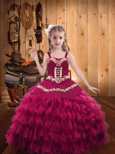 Fuchsia Sleeveless Floor Length Embroidery and Ruffled Layers Lace Up Little Girl Pageant Dress