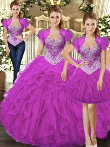 Fuchsia Straps Lace Up Beading and Ruffles Sweet 16 Dress Sleeveless