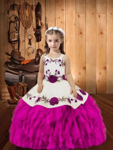 Superior Floor Length Fuchsia Little Girl Pageant Dress Straps Sleeveless Lace Up