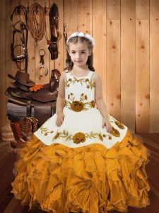 Gold Sleeveless Floor Length Embroidery and Ruffles Zipper Little Girls Pageant Dress Wholesale