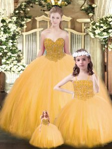 Discount Floor Length Lace Up Ball Gown Prom Dress Gold for Military Ball and Sweet 16 and Quinceanera with Beading