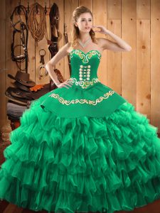 Designer Green Ball Gowns Halter Top Sleeveless Satin and Organza Floor Length Lace Up Embroidery and Ruffled Layers Sweet 16 Dress