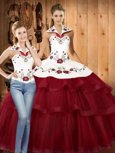 Decent Halter Top Sleeveless Sweep Train Lace Up Ball Gown Prom Dress Wine Red Satin and Organza