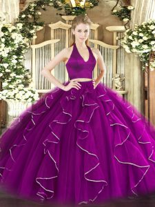 Halter Top Sleeveless Zipper Sweet 16 Dress Purple Organza