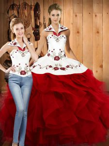 Best Selling Wine Red Two Pieces Halter Top Sleeveless Satin and Organza Floor Length Lace Up Embroidery and Ruffles Sweet 16 Quinceanera Dress