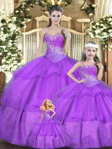 Lilac Ball Gowns Beading and Ruffles and Ruching 15 Quinceanera Dress Lace Up Tulle Sleeveless Floor Length